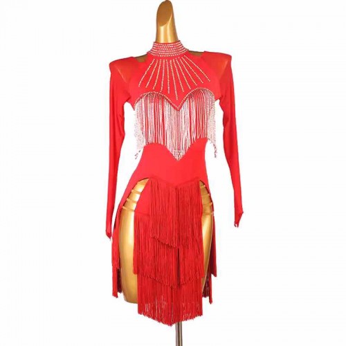 Black red fringe competition latin dance dresses for women young girls halter neck backless rumba salsa chacha ballroom dance costumes for female